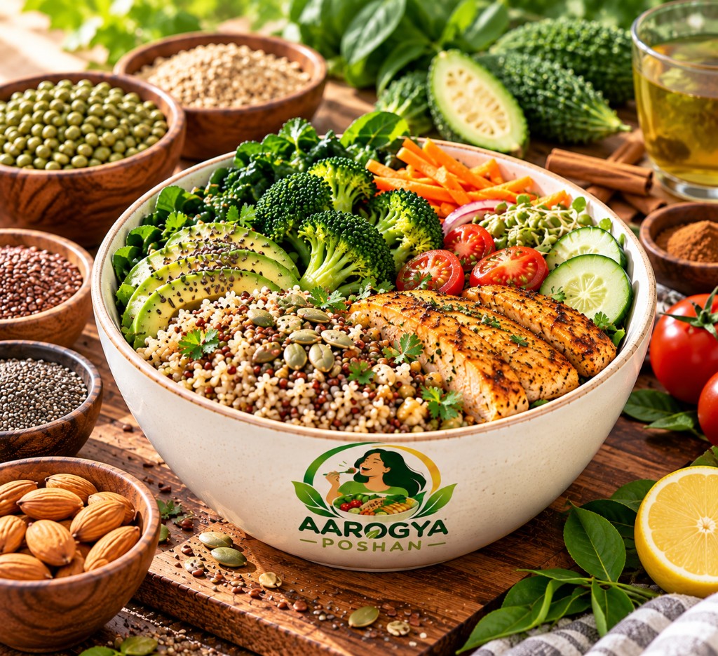 Dia Poshan bowl with salmon, quinoa, avocado and greens