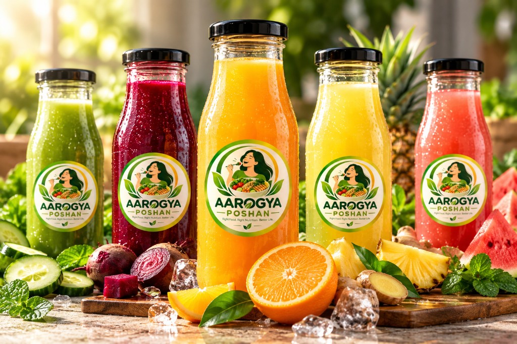 Aarogya Poshan cold-pressed juices in glass bottles with fresh fruit on a wooden table