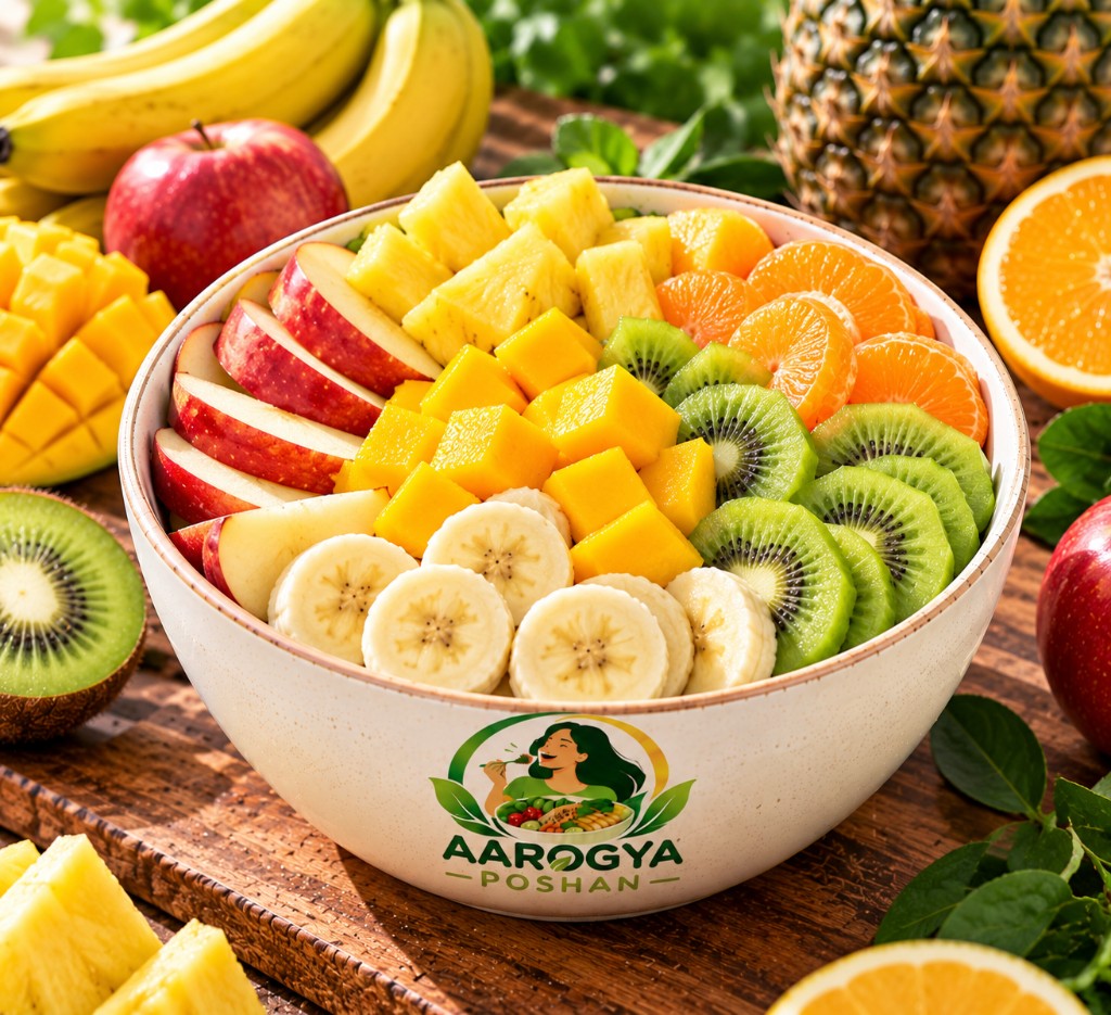 Aarogya Poshan fruit bowl with apple, banana, mango, pineapple, kiwi and orange
