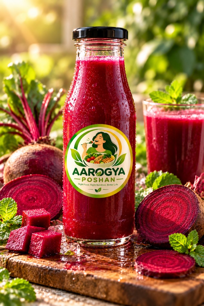 Bottle of Aarogya Poshan ABC beetroot juice with fresh beet slices