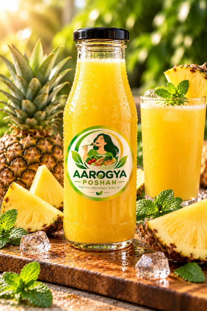 Bottle of Aarogya Poshan pineapple juice with fresh pineapple wedges