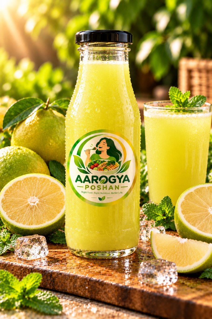 Bottle of Aarogya Poshan sweet lime juice with fresh mosambi