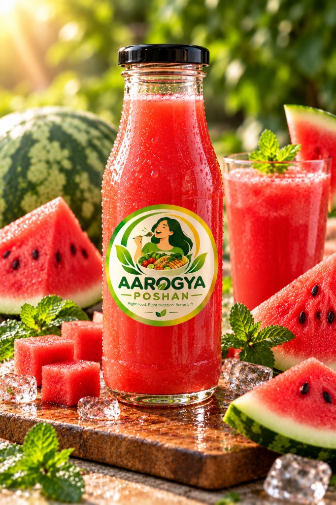 Bottle of Aarogya Poshan watermelon mint juice with fresh watermelon