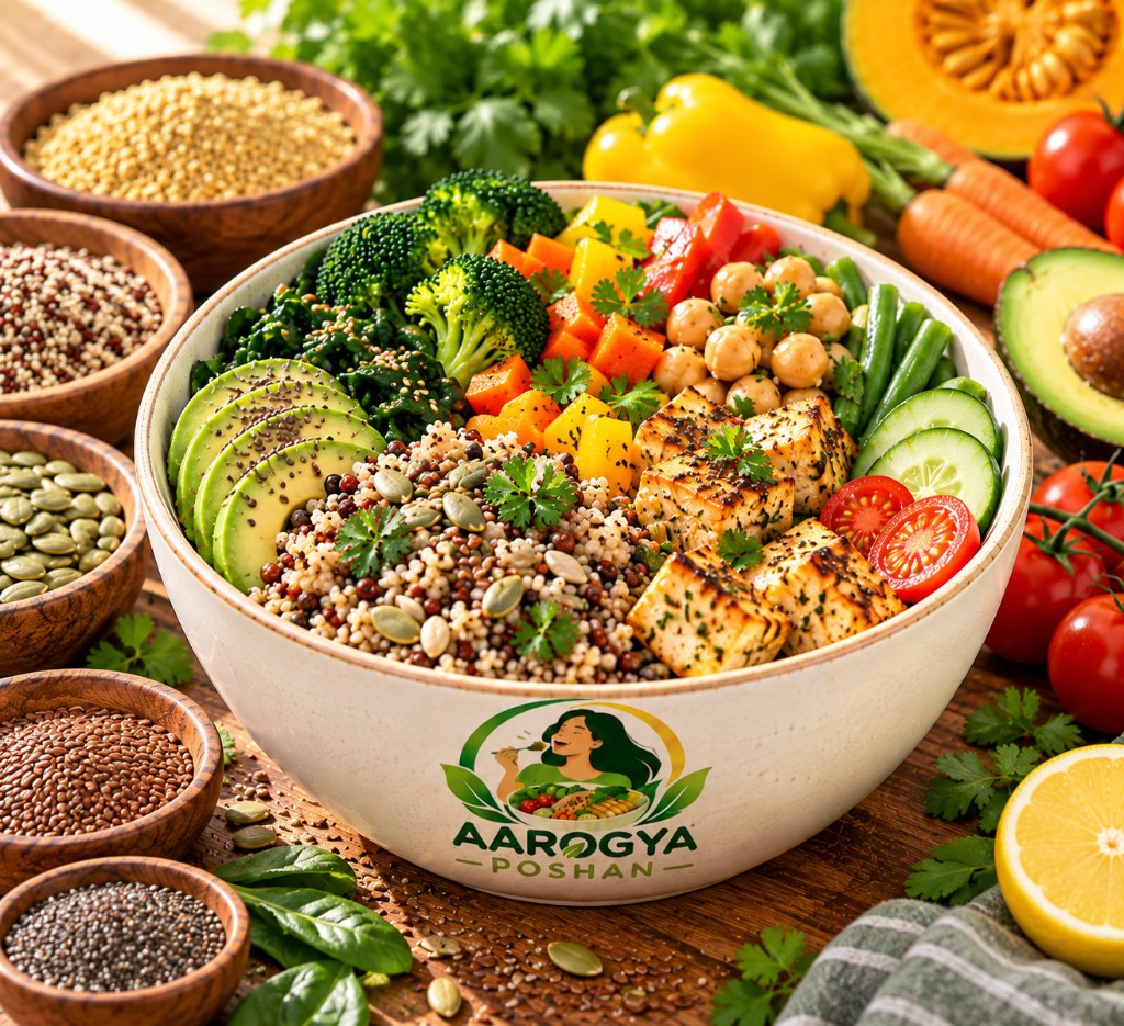Nutritious Bowl with quinoa, tofu, avocado, broccoli and fresh vegetables