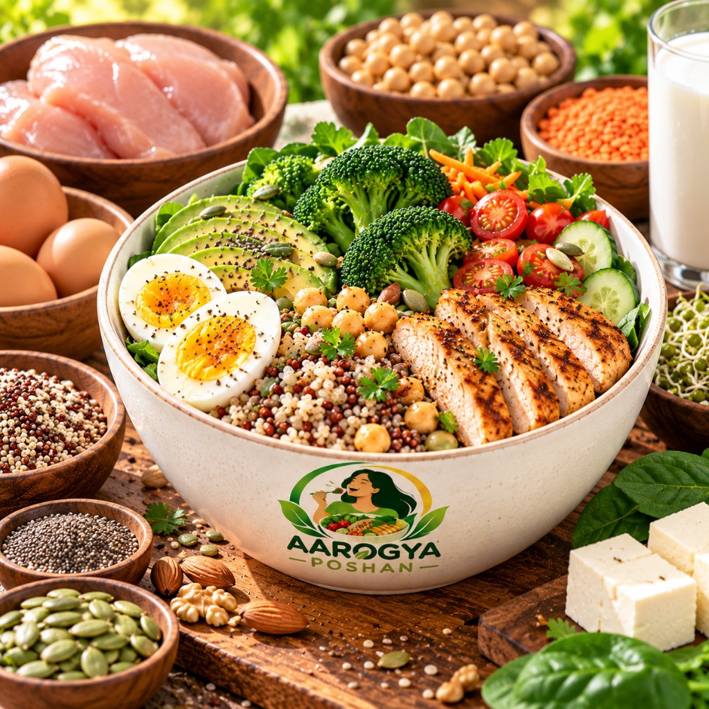 Protein Poshan bowl with chicken, egg, quinoa and vegetables